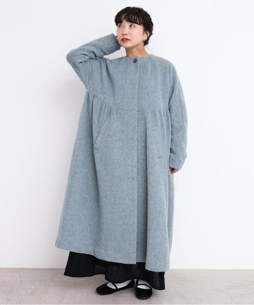 _ヘリンボーンウール ドルマンギャザーコート（ノーカラーコート）｜l