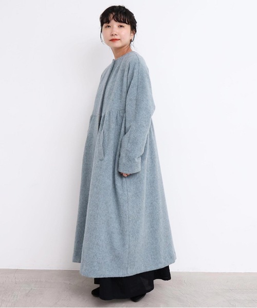 ヘリンボーンウール ドルマンギャザーコート（ノーカラーコート）｜l