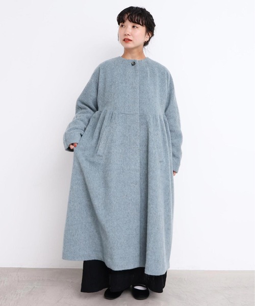 _ヘリンボーンウール ドルマンギャザーコート（ノーカラーコート）｜l