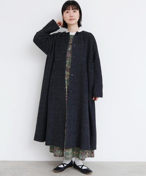 _ヘリンボーンウール ドルマンギャザーコート（ノーカラーコート）｜l