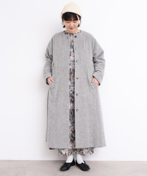 _ヘリンボーンウール ドルマンギャザーコート（ノーカラーコート）｜l