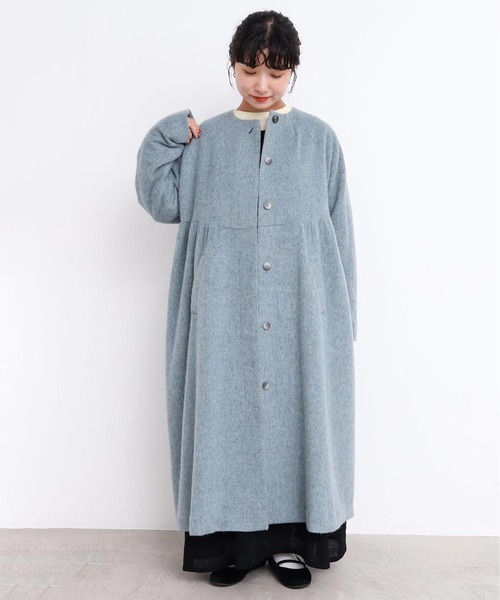 _ヘリンボーンウール ドルマンギャザーコート（ノーカラーコート）｜l