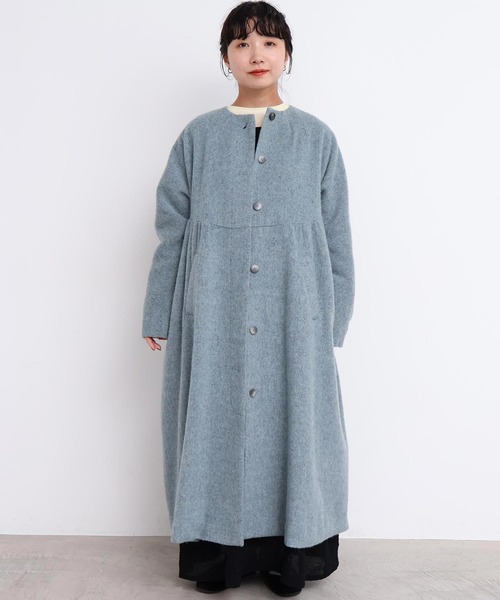 _ヘリンボーンウール ドルマンギャザーコート（ノーカラーコート）｜l