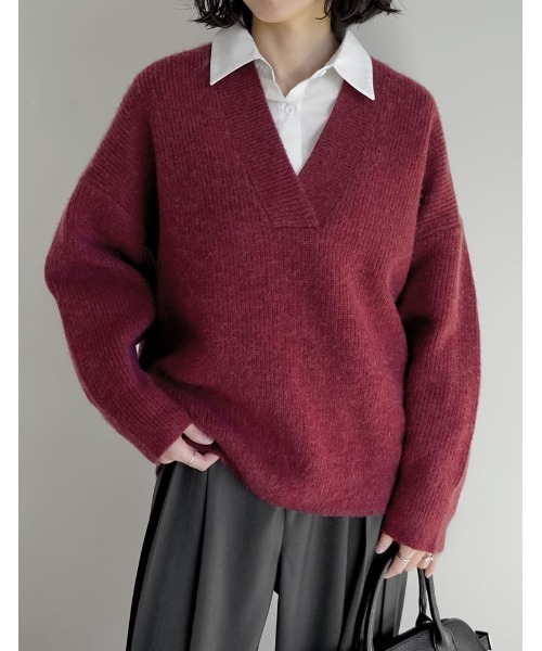 2025AW COLLECTION][静電気防止]深Vネックニットプルオーバー（ニット