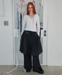 Stripe Pleated Skirt Layered Pants Charcoal