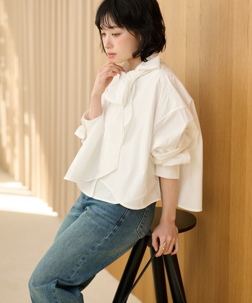 LAULEN（ローレン）の「cotton cropped tie blouse /コットンリボンクロップドタイブラウス（シャツ/ブラウス・レディース・ブラック/ホワイト・FREE）」の15枚目の写真