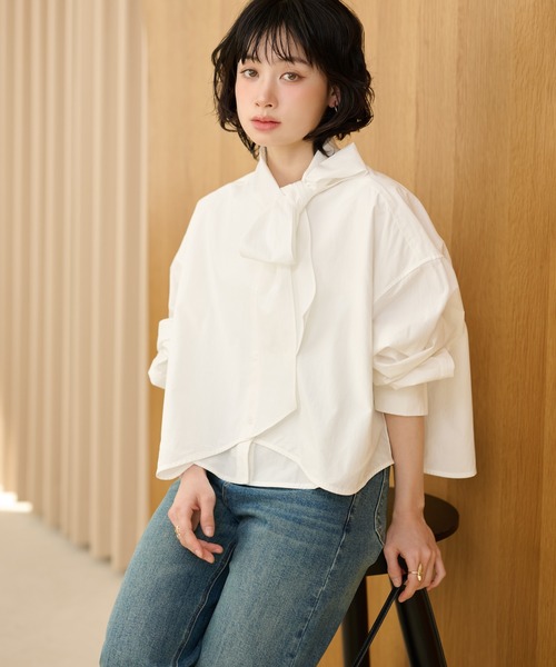 LAULEN（ローレン）の「cotton cropped tie blouse /コットンリボンクロップドタイブラウス（シャツ/ブラウス・レディース・ブラック/ホワイト・FREE）」の16枚目の写真