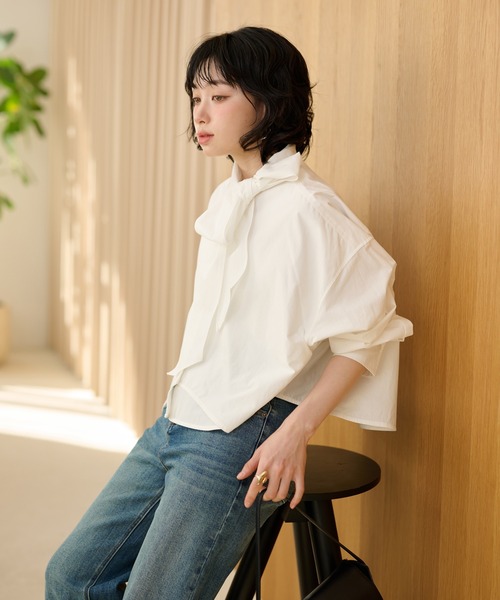 LAULEN（ローレン）の「cotton cropped tie blouse /コットンリボンクロップドタイブラウス（シャツ/ブラウス・レディース・ブラック/ホワイト・FREE）」の18枚目の写真