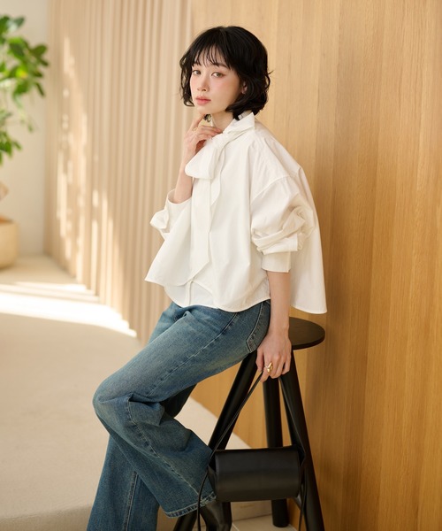 LAULEN（ローレン）の「cotton cropped tie blouse /コットンリボンクロップドタイブラウス（シャツ/ブラウス・レディース・ブラック/ホワイト・FREE）」の19枚目の写真