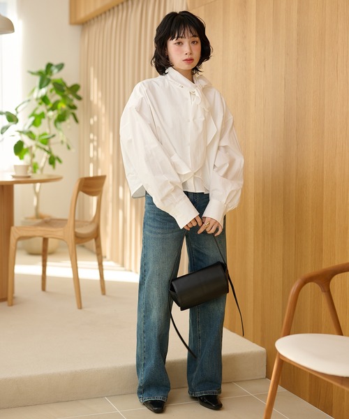 LAULEN（ローレン）の「cotton cropped tie blouse /コットンリボンクロップドタイブラウス（シャツ/ブラウス・レディース・ブラック/ホワイト・FREE）」の5枚目の写真
