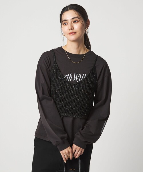 green label relaxing（グリーンレーベルリラクシング）の「スパンコール ニット 2WAY キャミソール ウォッシャブル（ベスト・レディース・オフホワイト/ブラック・FREE）」の2枚目の写真