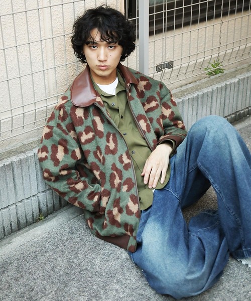 セール】HOOK -original- レトロ古着風 PU襟レオパード調メルトン風