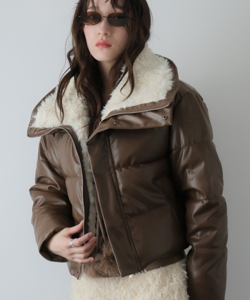 セール】ボア襟フェイクレザーショートダウンジャケット（ダウン