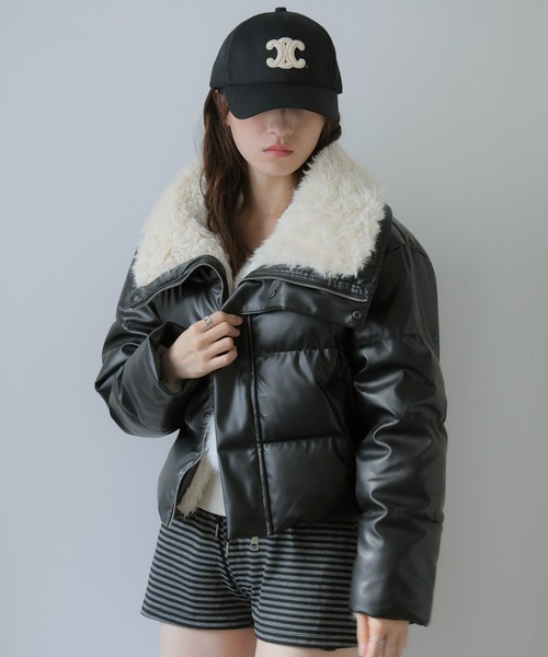 セール】ボア襟フェイクレザーショートダウンジャケット（ダウン