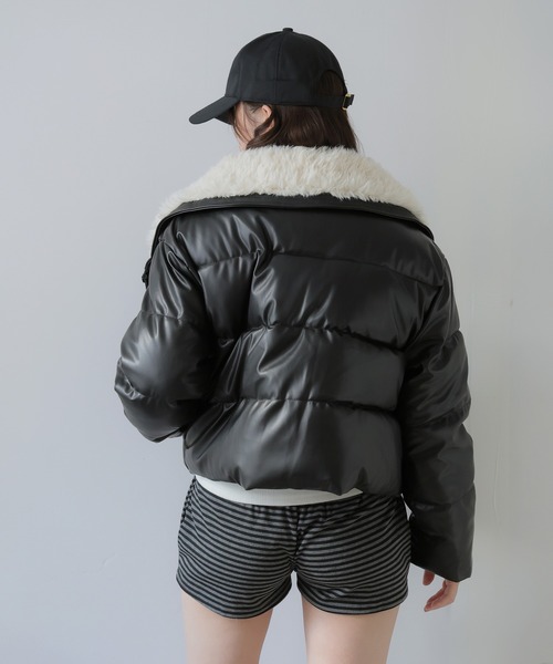 セール】ボア襟フェイクレザーショートダウンジャケット（ダウン