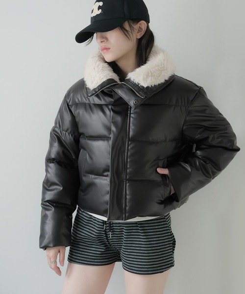 セール】ボア襟フェイクレザーショートダウンジャケット（ダウン