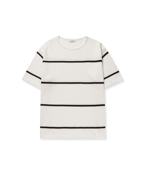 MANNERGRAM(マナーグラム)の「ストライプボートネックコットン100半袖ニット - 3カラー(Tシャツ/カットソー・メンズ・ホワイト/ダークネイビー/ブラック・LARGE/X-LARGE/XX-LARGE)」の1枚目の写真