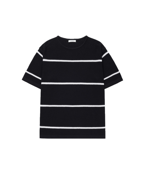 MANNERGRAM(マナーグラム)の「ストライプボートネックコットン100半袖ニット - 3カラー(Tシャツ/カットソー・メンズ・ホワイト/ダークネイビー/ブラック・LARGE/X-LARGE/XX-LARGE)」の2枚目の写真