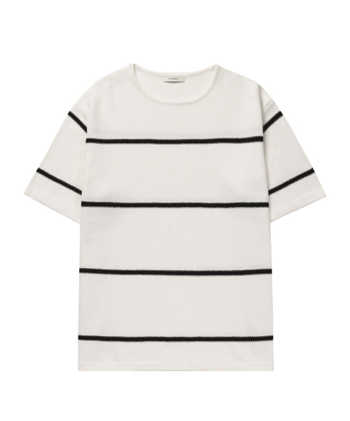MANNERGRAM(マナーグラム)の「ストライプボートネックコットン100半袖ニット - 3カラー(Tシャツ/カットソー・メンズ・ホワイト/ダークネイビー/ブラック・LARGE/X-LARGE/XX-LARGE)」の4枚目の写真