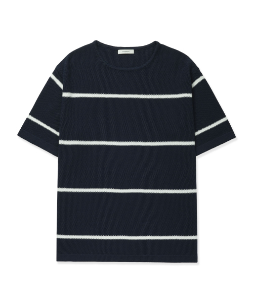 MANNERGRAM(マナーグラム)の「ストライプボートネックコットン100半袖ニット - 3カラー(Tシャツ/カットソー・メンズ・ホワイト/ダークネイビー/ブラック・LARGE/X-LARGE/XX-LARGE)」の5枚目の写真