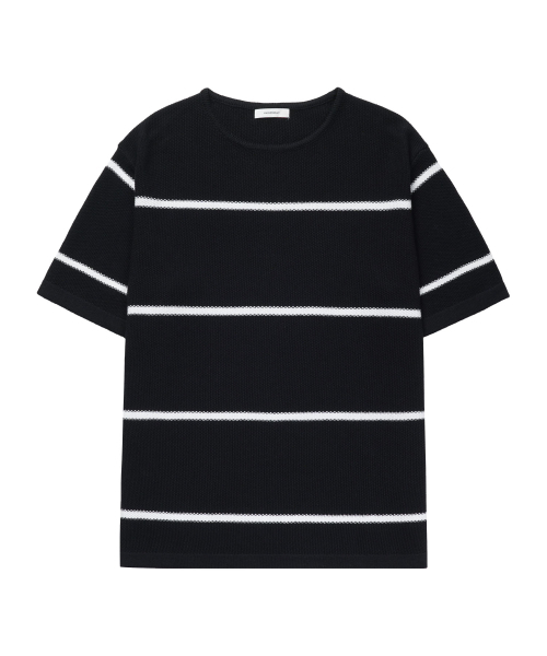 MANNERGRAM(マナーグラム)の「ストライプボートネックコットン100半袖ニット - 3カラー(Tシャツ/カットソー・メンズ・ホワイト/ダークネイビー/ブラック・LARGE/X-LARGE/XX-LARGE)」の6枚目の写真