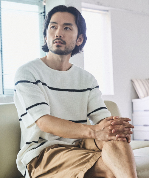 MANNERGRAM(マナーグラム)の「ストライプボートネックコットン100半袖ニット - 3カラー(Tシャツ/カットソー・メンズ・ホワイト/ダークネイビー/ブラック・LARGE/X-LARGE/XX-LARGE)」の7枚目の写真