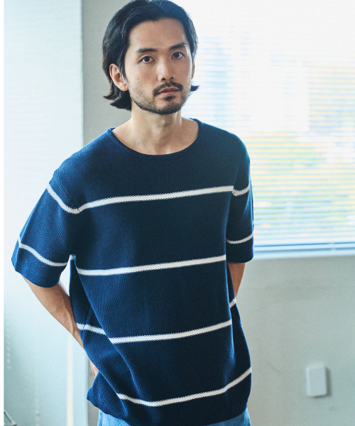 MANNERGRAM(マナーグラム)の「ストライプボートネックコットン100半袖ニット - 3カラー(Tシャツ/カットソー・メンズ・ホワイト/ダークネイビー/ブラック・LARGE/X-LARGE/XX-LARGE)」の8枚目の写真