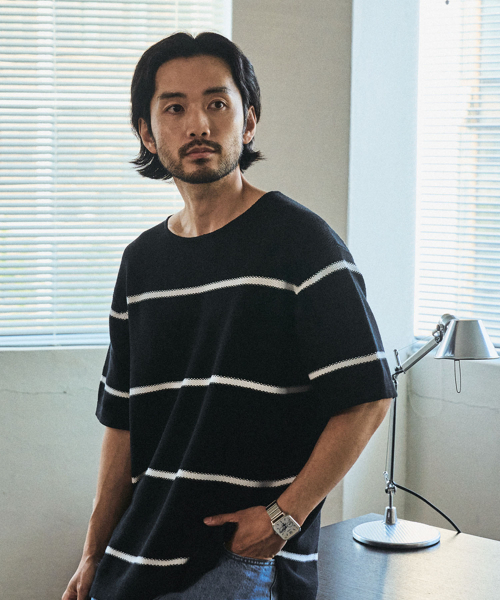 MANNERGRAM(マナーグラム)の「ストライプボートネックコットン100半袖ニット - 3カラー(Tシャツ/カットソー・メンズ・ホワイト/ダークネイビー/ブラック・LARGE/X-LARGE/XX-LARGE)」の9枚目の写真