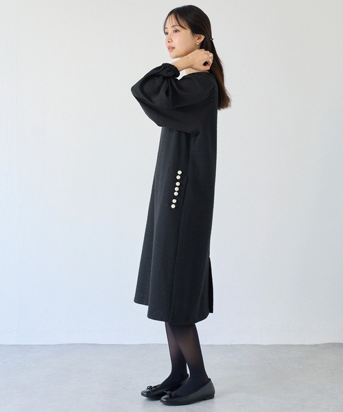 LAVEANGE(ラビアンジェ)の「パールボタンツイードワンピース(ワンピース・レディース・ブラック/チャコールグレー・LL/L/M/4L/3L)」の6枚目の写真