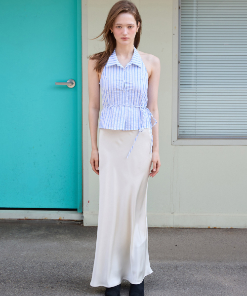 Blue Seersucker Striped Halter Neck Top（Tシャツ/カットソー