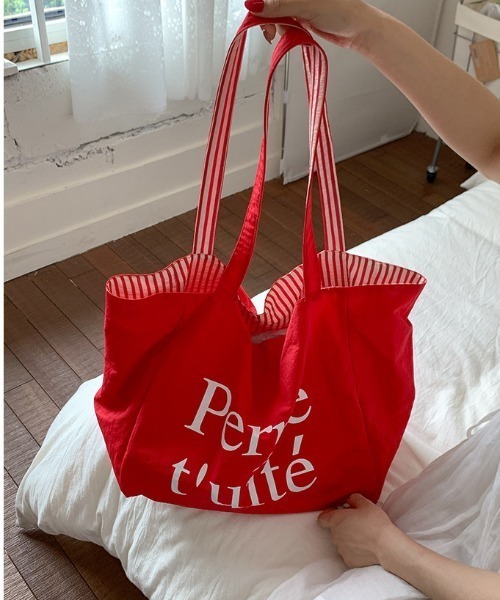pyornim(ピョルニム)の「【リバーシブル】レタリングロゴ ストライプ キャンパス ビッグ トートバッグ(トートバッグ・レディース・グリーン/レッド/イエロー/ブルー・F)」の19枚目の写真