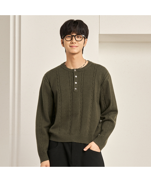 セール】25 FW ウォッシャブルケーブルクロップヘンリーネックニット