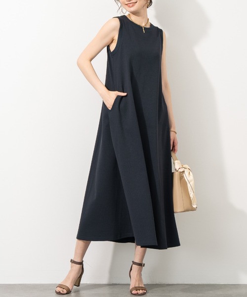 aunt lily(アントリリー)の「コットンリネンピケ ストレッチ フレアーワンピース ストレッチ コットン リネン 綿麻 ワンピ(ワンピース・レディース・ホワイト/ネイビー・L/LL/M/S)」の2枚目の写真