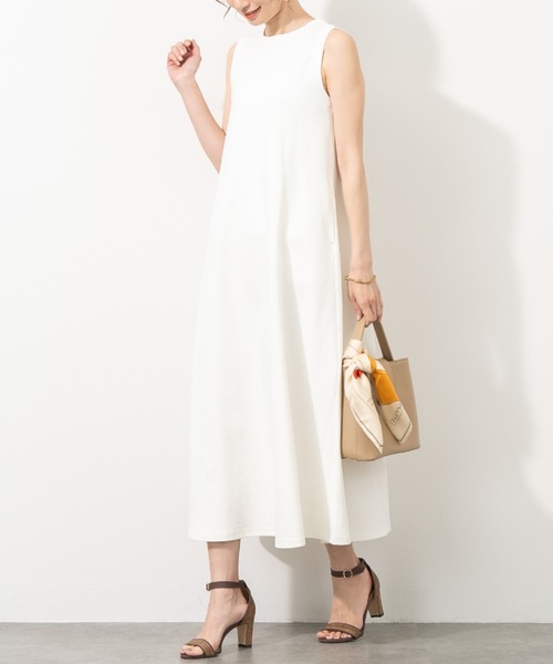 aunt lily(アントリリー)の「コットンリネンピケ ストレッチ フレアーワンピース ストレッチ コットン リネン 綿麻 ワンピ(ワンピース・レディース・ホワイト/ネイビー・L/LL/M/S)」の1枚目の写真