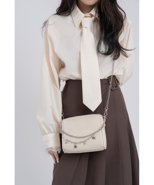 mellowneon（メロウネオン）の「ネクタイセットレースドッキングシャツ（シャツ/ブラウス・レディース・ストライプ/チェック/ブルー/ホワイト系・FREE）」の6枚目の写真