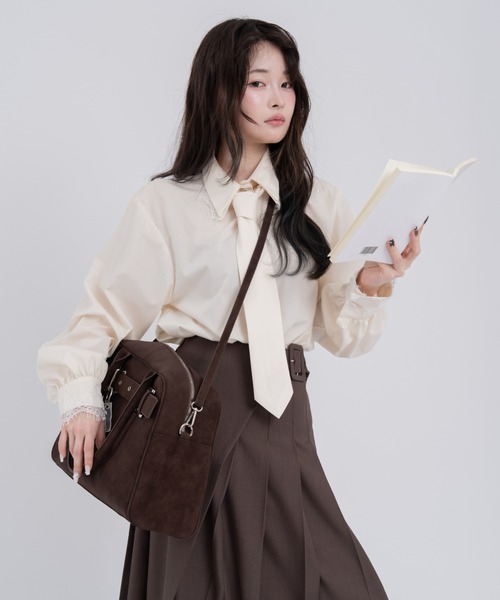 mellowneon（メロウネオン）の「ネクタイセットレースドッキングシャツ（シャツ/ブラウス・レディース・ストライプ/チェック/ブルー/ホワイト系・FREE）」の17枚目の写真