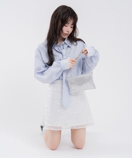 mellowneon（メロウネオン）の「ネクタイセットレースドッキングシャツ（シャツ/ブラウス・レディース・ストライプ/チェック/ブルー/ホワイト系・FREE）」の11枚目の写真