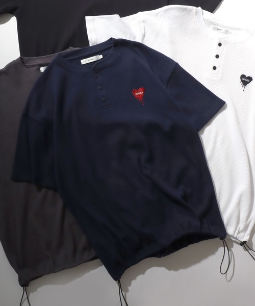 SITRY(シトリー)の「SITRY Heart Embroidery Thermal/別注 オーバーサイズ ハートロゴ ワンポイントラメ刺繍 ドローコード ワッフル ヘンリーネック 半袖Tシャツ レディース メンズ(Tシャツ/カットソー・レディース・チャコール/ネイビー/グレー系その他2/ブルー系その他/ホワイト系その他/ブラック/グレー系その他/オフホワイト/アッシュグレー/ブラック系その他・M/L/XL)」の10枚目の写真