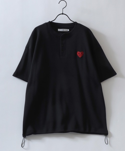 SITRY(シトリー)の「SITRY Heart Embroidery Thermal/別注 オーバーサイズ ハートロゴ ワンポイントラメ刺繍 ドローコード ワッフル ヘンリーネック 半袖Tシャツ レディース メンズ(Tシャツ/カットソー・レディース・チャコール/ネイビー/グレー系その他2/ブルー系その他/ホワイト系その他/ブラック/グレー系その他/オフホワイト/アッシュグレー/ブラック系その他・M/L/XL)」の12枚目の写真