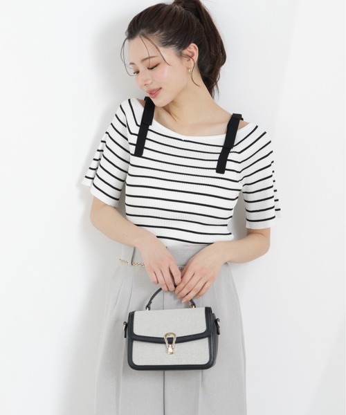 PROPORTION BODY DRESSING(プロポーションボディドレッシング)の「<ウォッシャブル/UV>肩リボンオフショルニット / 1216170307(ニット/セーター・レディース・ホワイト系その他/ホワイト×ブラック/ブルー・SMALL/MEDIUM)」の2枚目の写真