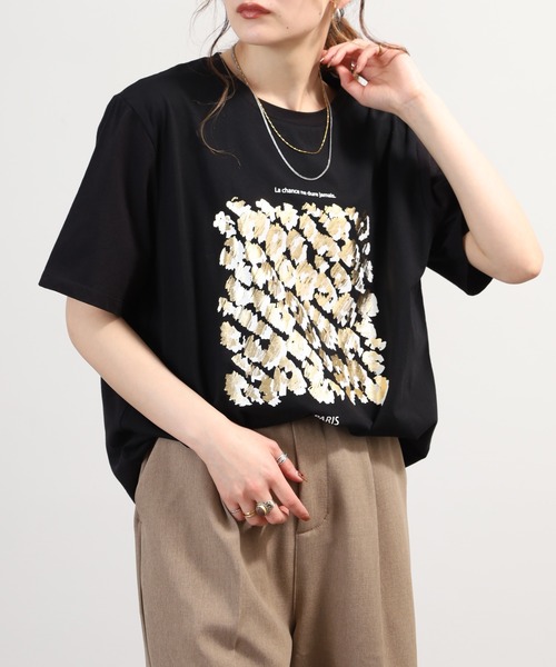 EGLANTINE(エグランティーヌ)の「EGLANTINE レオパード箔プリント半袖カットソー(Tシャツ/カットソー・レディース・カーキ/ブラック/オフホワイト・40)」の19枚目の写真