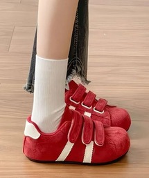【23cm~24.5cmサイズ展開】【軽量】サイドラインベルクロ フラットスニーカー スウェード調