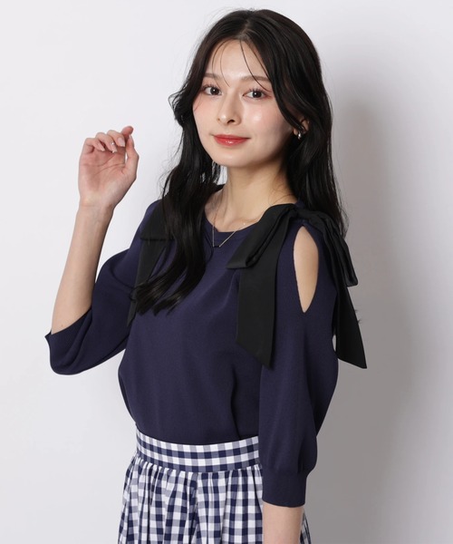 Apuweiser-riche（アプワイザーリッシェ）の「ダブルリボンスリットニット（ニット/セーター・レディース・ピンクベージュ/ホワイト/ネイビー/ミント・2）」の3枚目の写真