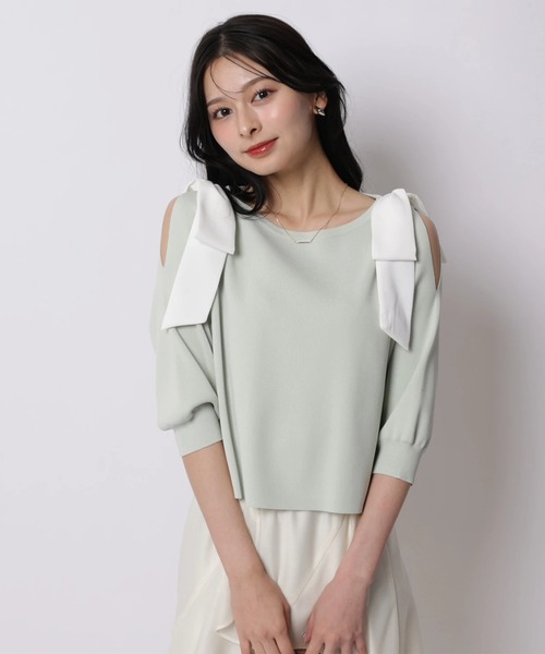 Apuweiser-riche（アプワイザーリッシェ）の「ダブルリボンスリットニット（ニット/セーター・レディース・ピンクベージュ/ホワイト/ネイビー/ミント・2）」の2枚目の写真