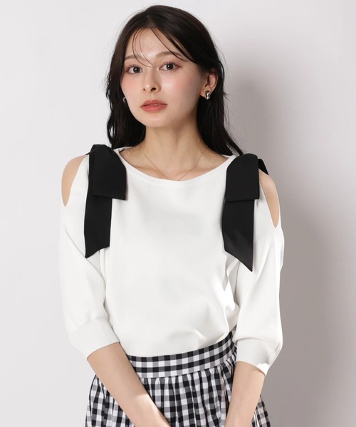 Apuweiser-riche（アプワイザーリッシェ）の「ダブルリボンスリットニット（ニット/セーター・レディース・ピンクベージュ/ホワイト/ネイビー/ミント・2）」の8枚目の写真