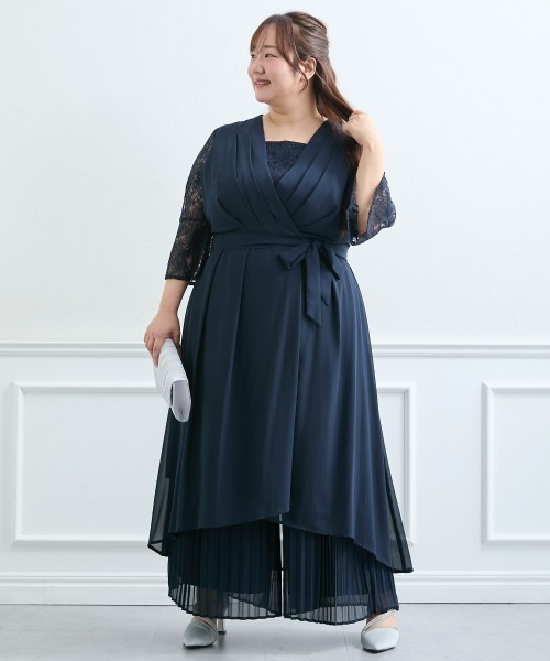 nissen(ニッセン)の「前開きフィッシュテールワンピース+プリーツパンツセット(パンツドレス・レディース・ネイビー/ブラック・LL/4L/L/3L/M/5L)」の1枚目の写真