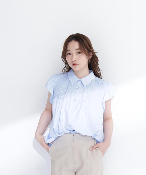 NATURAL BEAUTY BASIC（ナチュラルビューティーベーシック）の「プリーツフリルスリーブシャツ（シャツ/ブラウス・レディース・ブルー/オフホワイト/イエロー・ﾌﾘ-）」の6枚目の写真