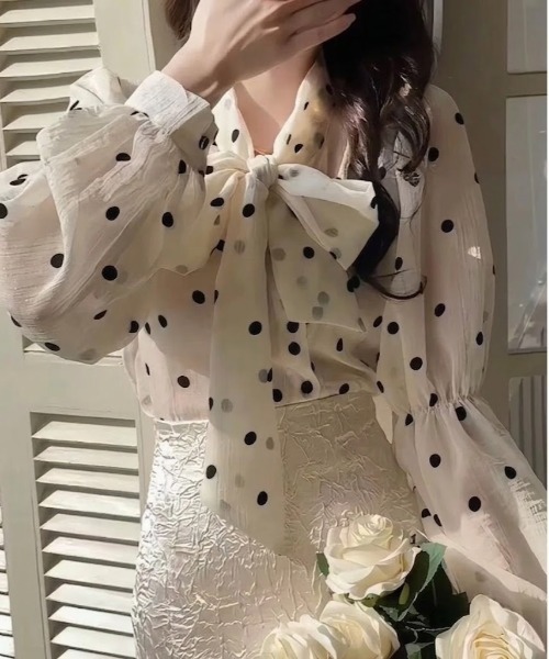gossip!ロサンゼルス(ゴシップロサンゼルス)の「ドットパターン ボウタイブラウス(シャツ/ブラウス・レディース・ピンク/オフホワイト/ブラック・FREE)」の2枚目の写真