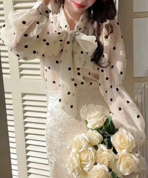 gossip!ロサンゼルス(ゴシップロサンゼルス)の「ドットパターン ボウタイブラウス(シャツ/ブラウス・レディース・ピンク/オフホワイト/ブラック・FREE)」の7枚目の写真