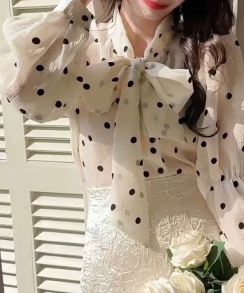 gossip!ロサンゼルス(ゴシップロサンゼルス)の「ドットパターン ボウタイブラウス(シャツ/ブラウス・レディース・ピンク/オフホワイト/ブラック・FREE)」の5枚目の写真